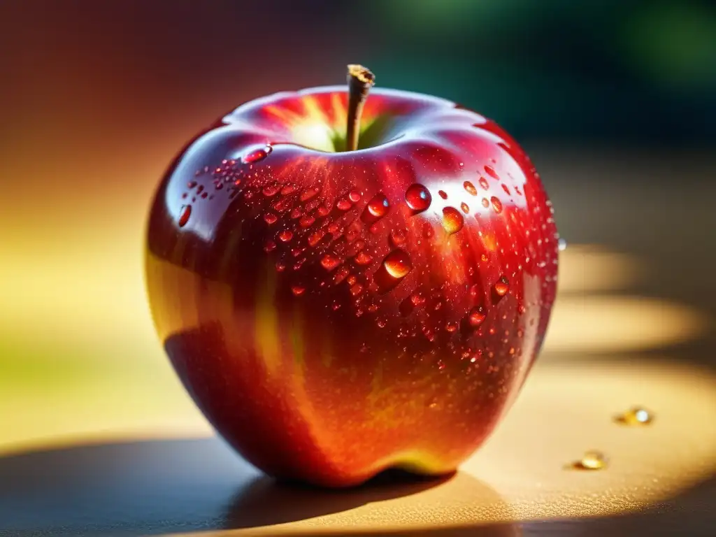 Una manzana orgánica recién recogida, con su piel impecable, gotas de rocío y colores vibrantes, iluminada por el sol