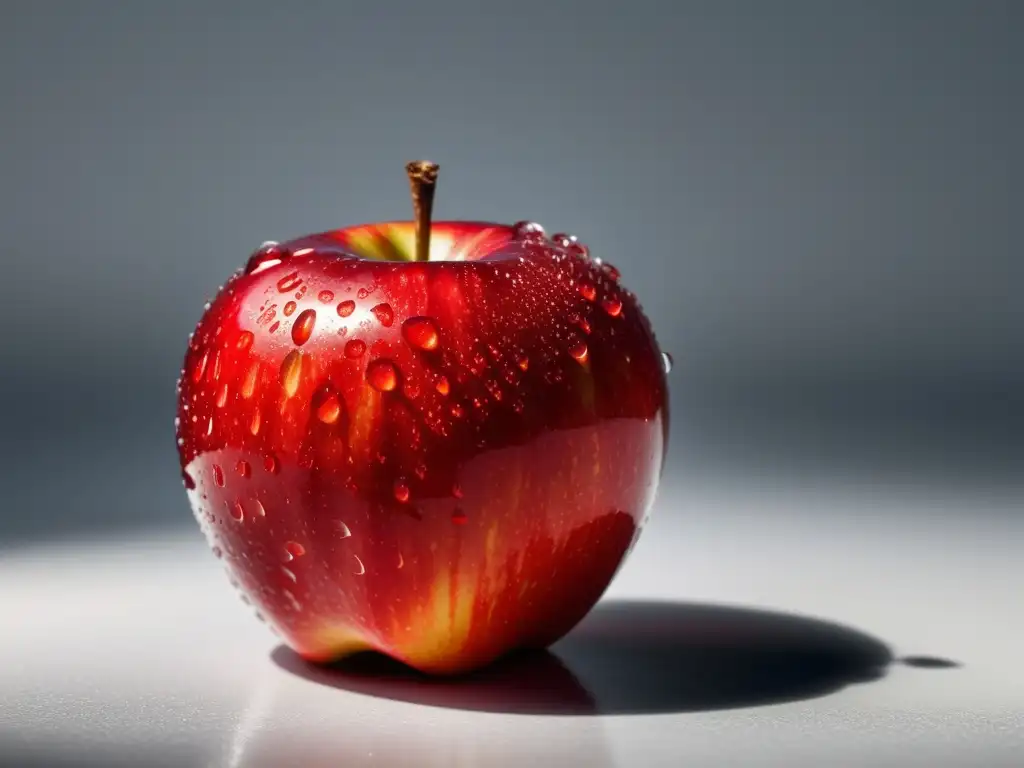 Una manzana roja brillante con gotas de agua, sobre superficie blanca