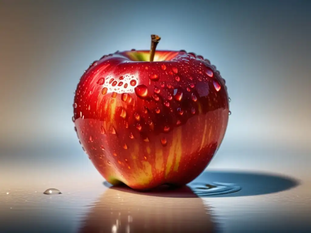 Una manzana roja y madura con gotas de agua, iluminada y detallada, que resalta los efectos psicológicos del consumo alimentos orgánicos