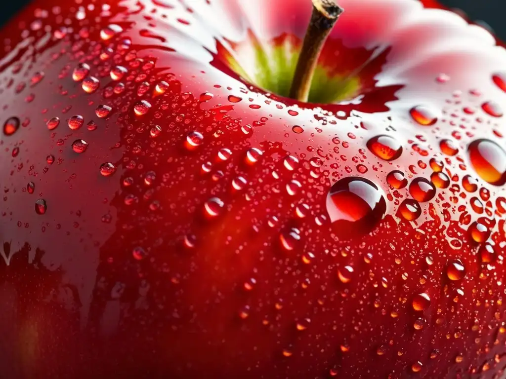 Una manzana roja vibrante cubierta de gotas de pesticida, reflejando el entorno