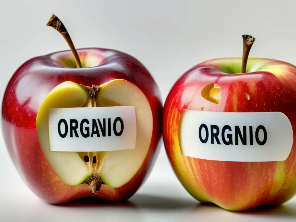 Dos manzanas idénticas, una 'Orgánico' y la otra 'Convencional', capturadas en detalle, mostrando la comparativa nutricional alimentos orgánicos