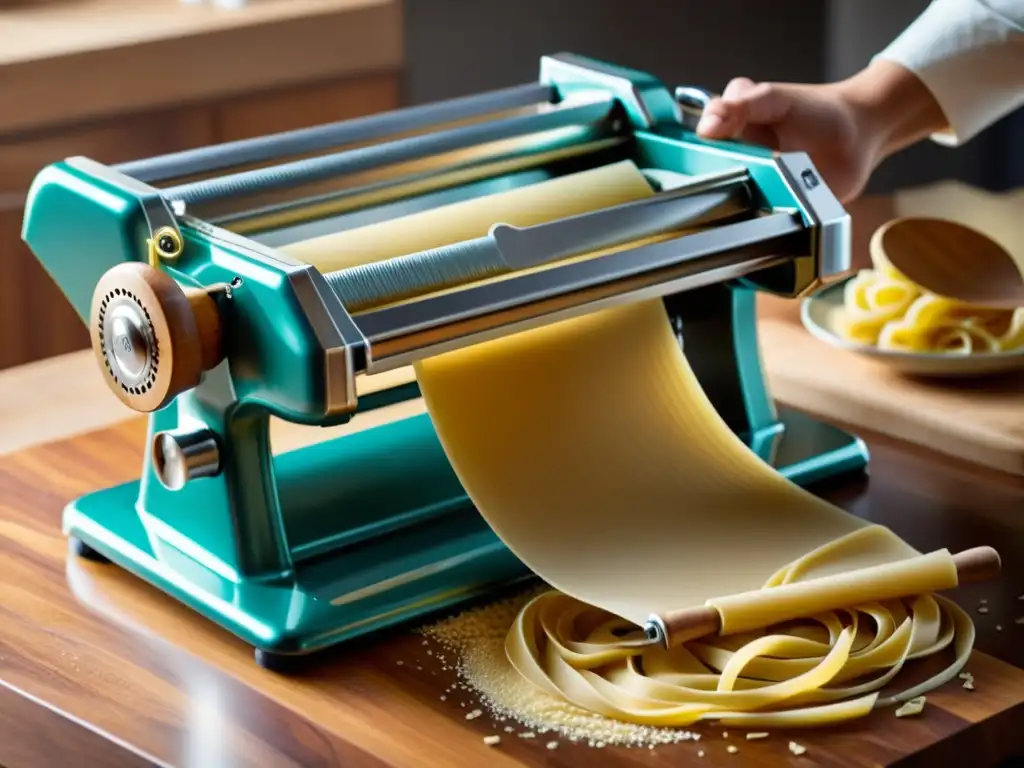 Una máquina de pasta manual en la cocina, mostrando la tradición y la emoción de hacer pasta italiana a mano