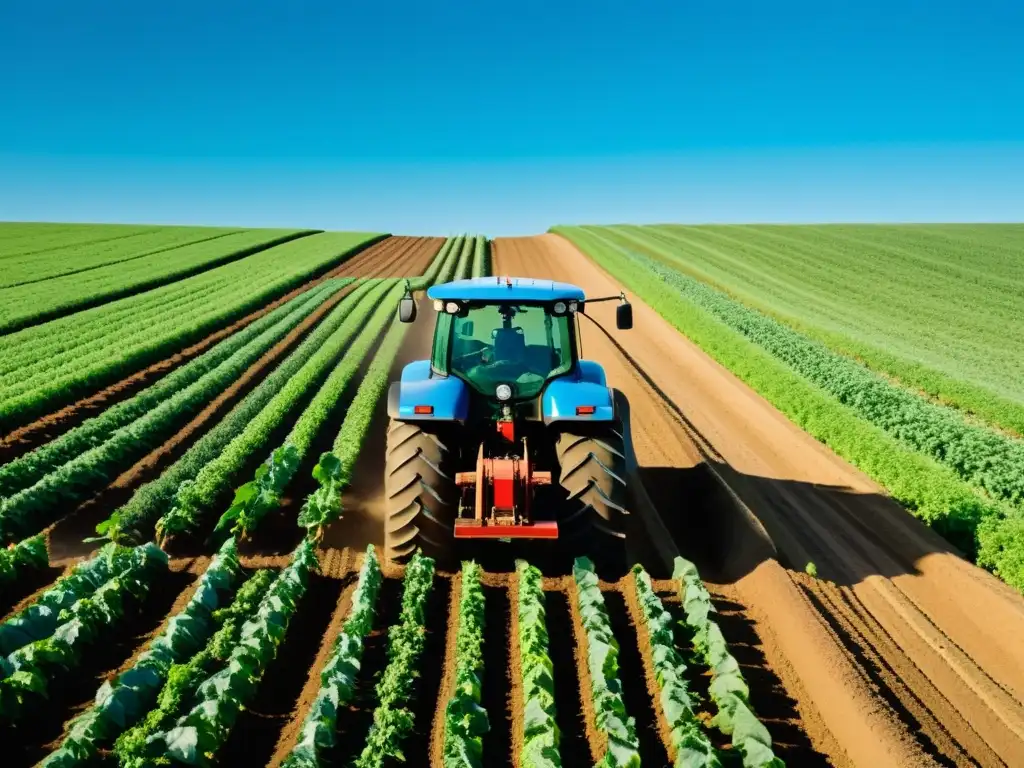 Maquinaria agrícola ecológica en producción orgánica, armonía entre tierra y tractor bajo cielo azul