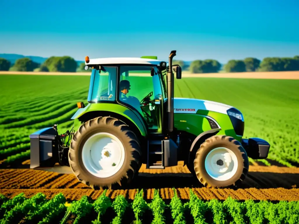 Maquinaria agrícola ecológica en un campo verde exuberante con cultivos orgánicos vibrantes