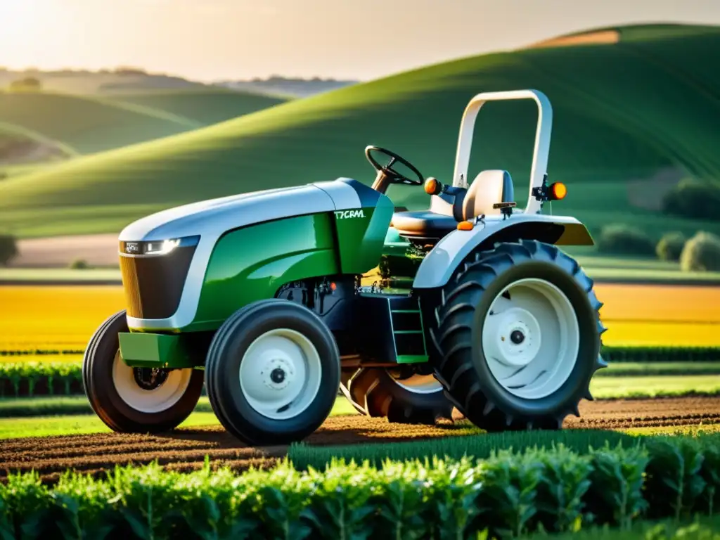 Maquinaria agrícola ecológica en un paisaje verde y soleado, fusionando tecnología avanzada con la naturaleza