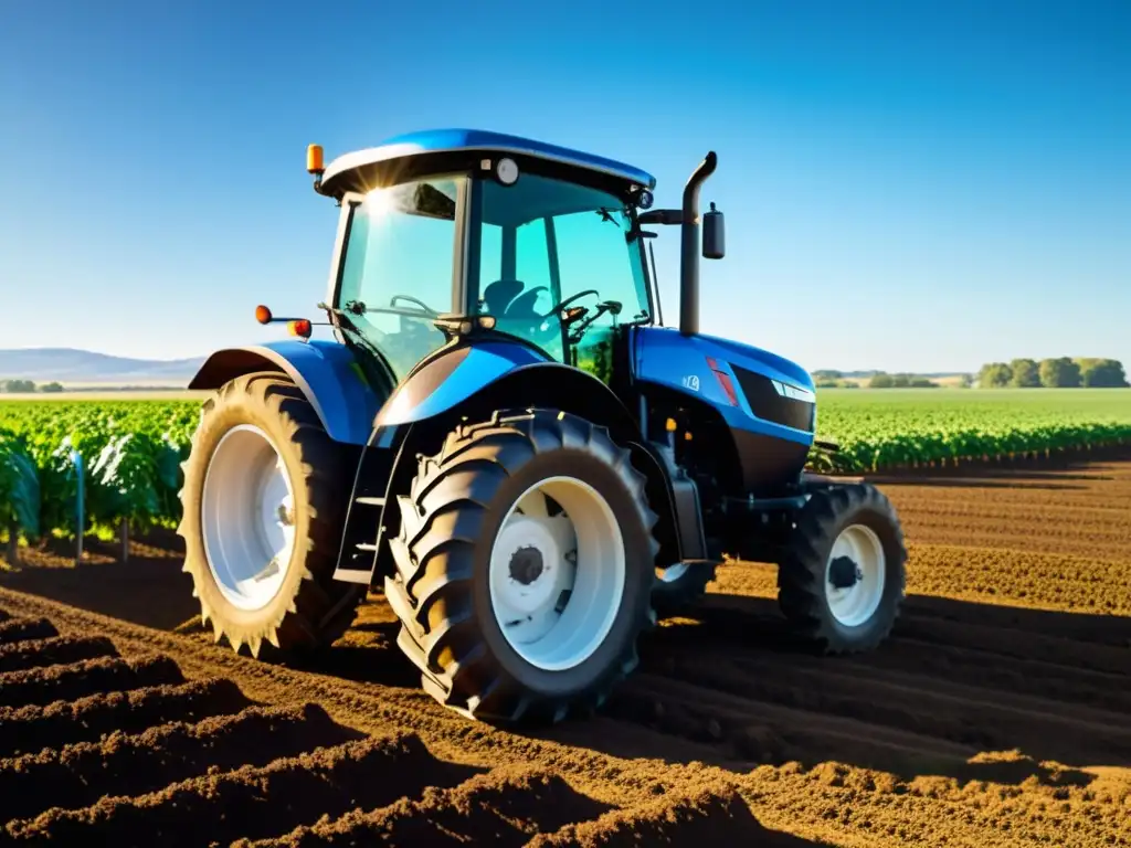 Maquinaria agrícola ecológica producción orgánica: Tractor moderno con paneles solares surcando un campo verde bajo el sol brillante