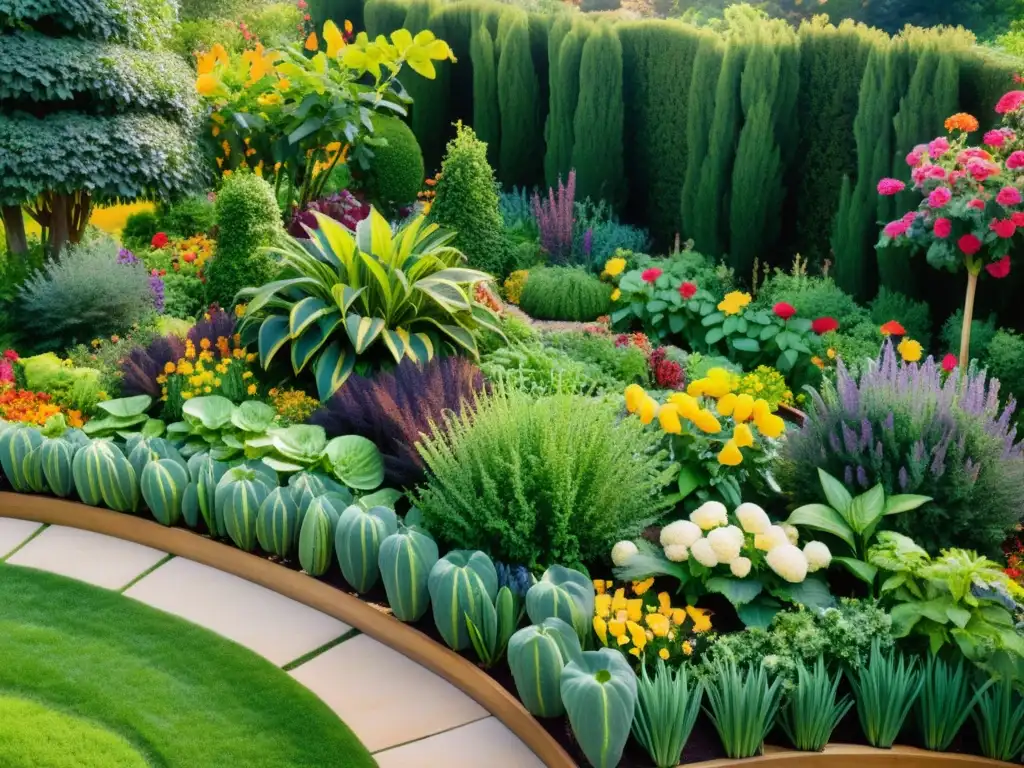 Maravilloso jardín comestible de permacultura con frutas, verduras, hierbas y flores vibrantes en un diseño meticuloso