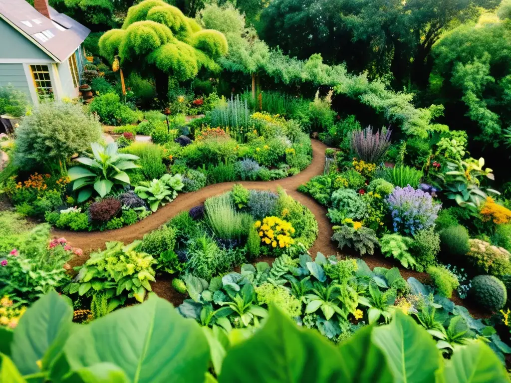 Maravilloso jardín de permacultura con diversidad de plantas y vida silvestre, evolución orgánica en armonía