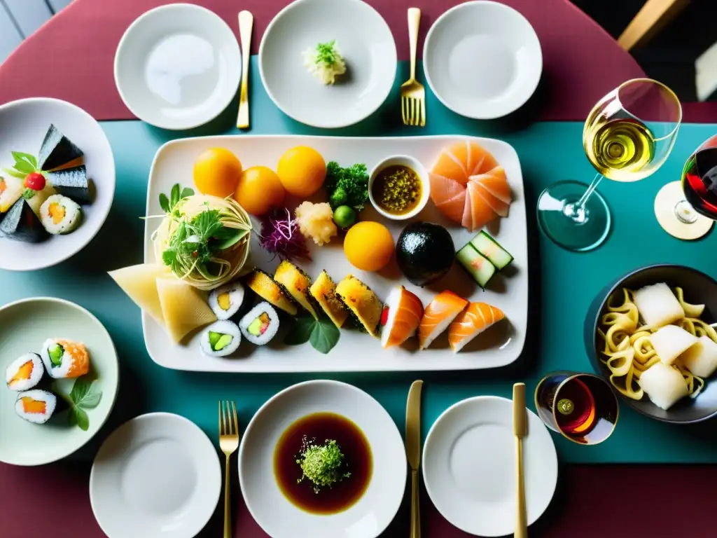 Maridajes vinos orgánicos platos internacionales: mesa elegante con platos variados y vinos orgánicos, destacando colores y texturas vibrantes