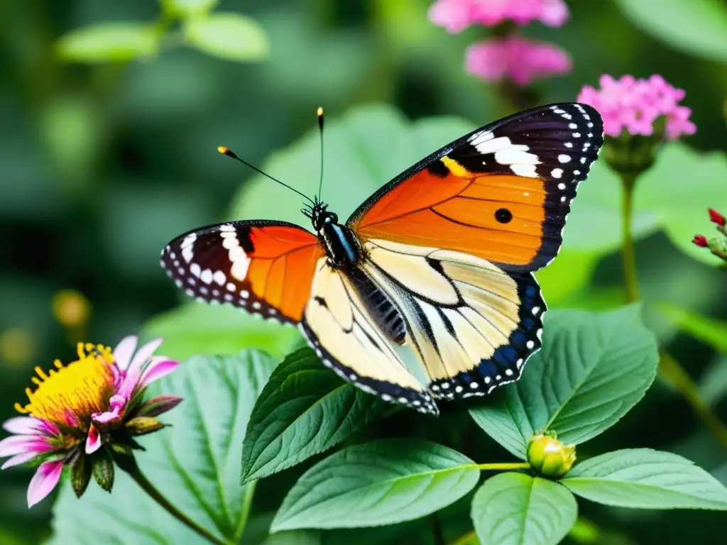 Una mariposa delicada reposa sobre una flor vibrante en un jardín exuberante