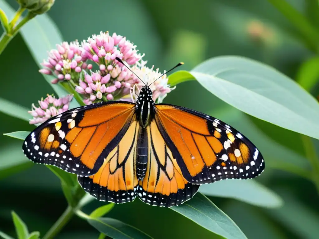 Una mariposa monarca descansa en una planta de algodoncillo en flor, mostrando la belleza de la biodiversidad orgánica