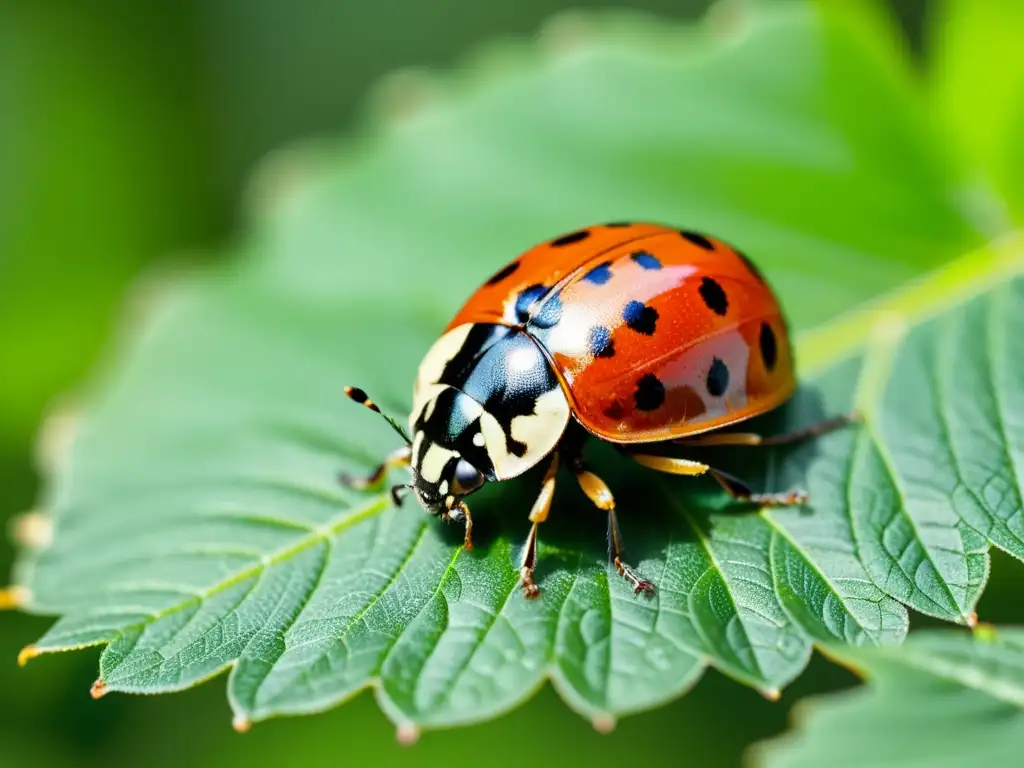 Una mariquita de brillante rojo y negro se desplaza con gracia sobre una hoja verde vibrante, destacando el control de plagas orgánico innovador