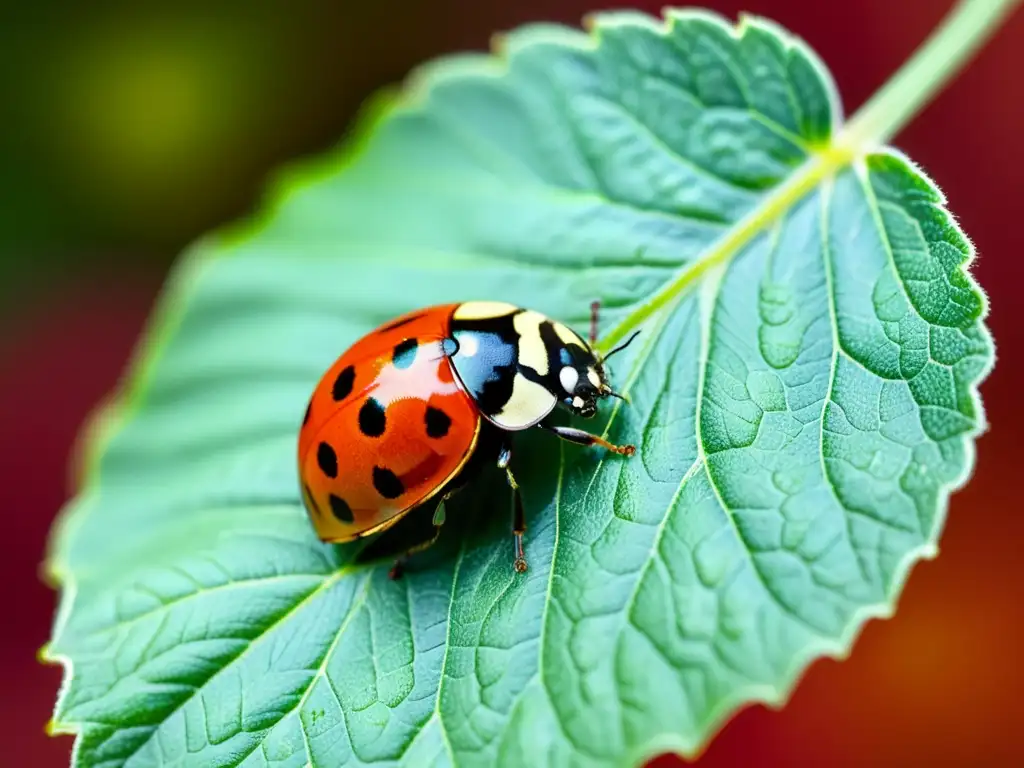 Una mariquita delicada reposa en una hoja verde vibrante, destacando la biodiversidad y equilibrio en estrategias de agricultura orgánica