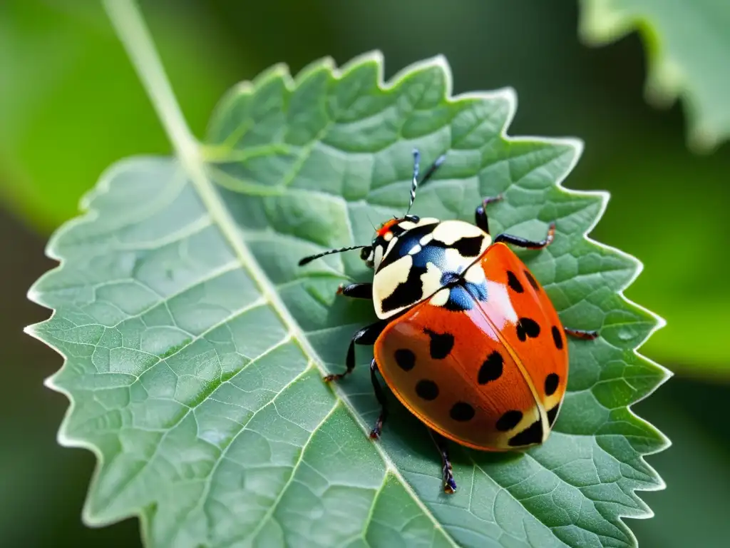 Una mariquita detallada descansa sobre una hoja verde vibrante, con luz suave filtrándose a través de la hoja