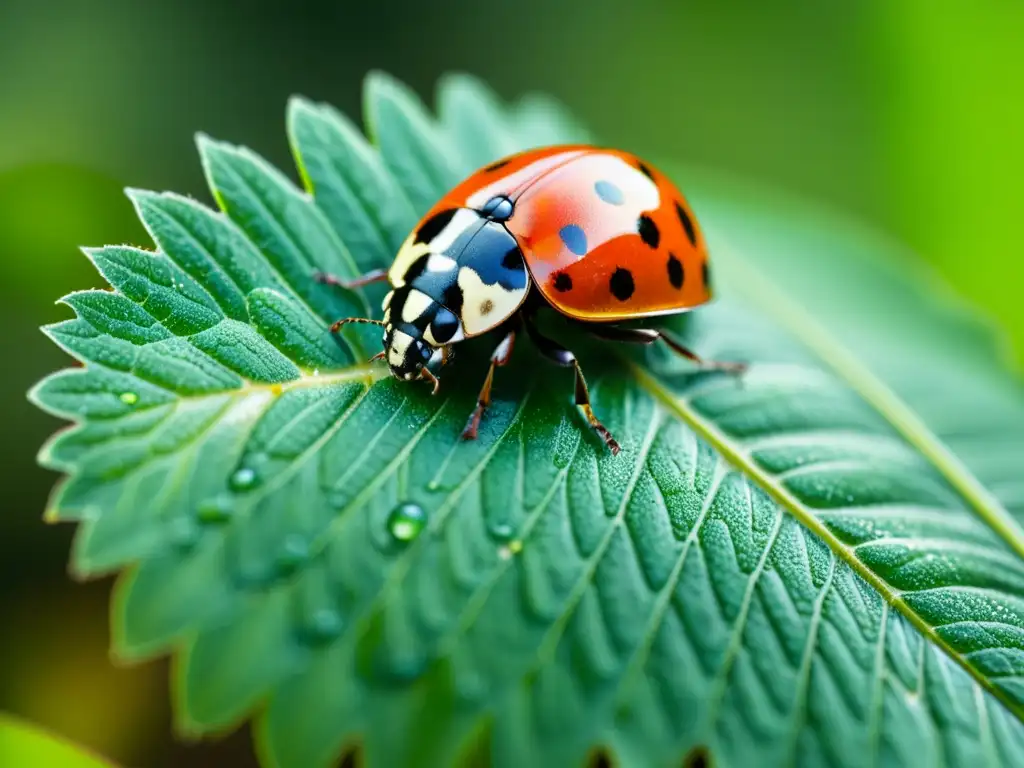 Una mariquita detallada en una hoja verde brillante en una granja orgánica