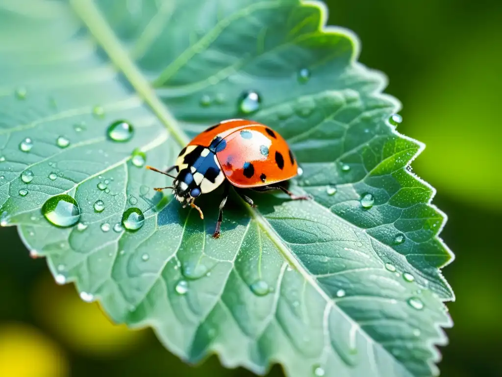 Una mariquita detallada reposa en una hoja verde vibrante, con gotas de agua brillando al sol