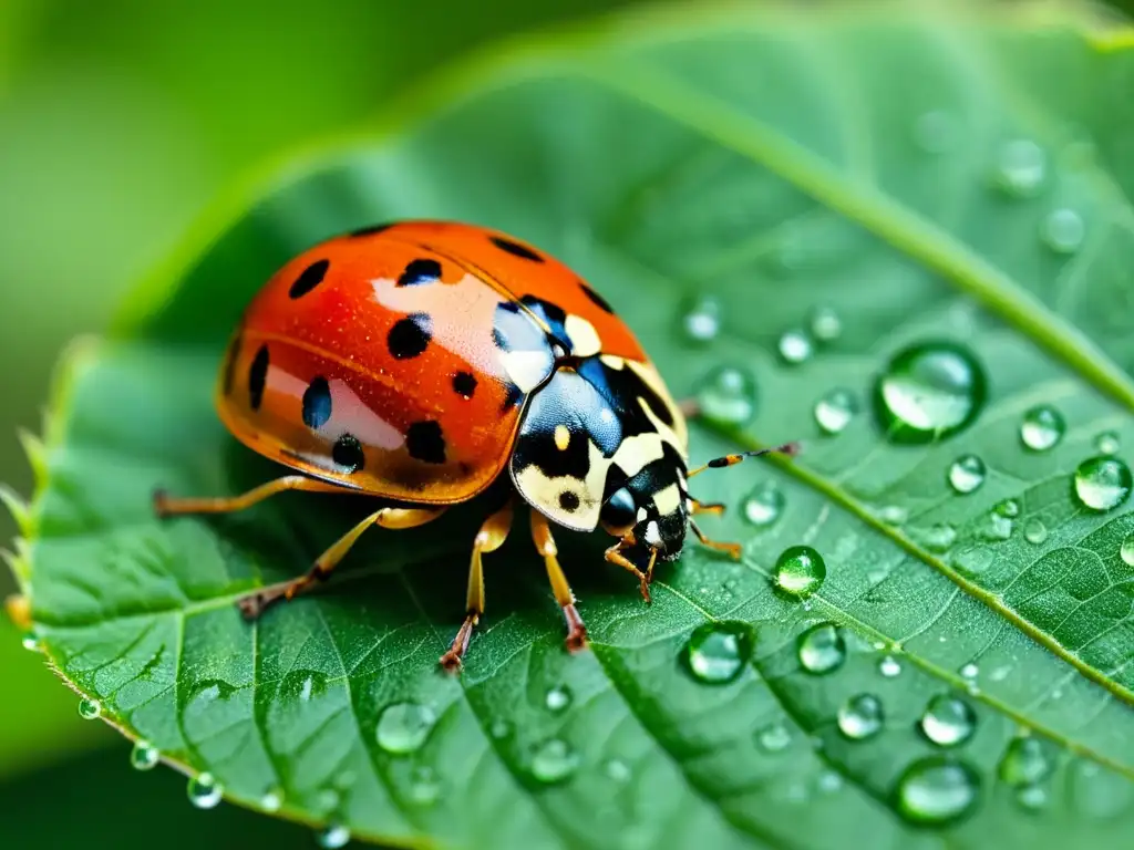 Una mariquita detallada sobre una hoja verde vibrante, con gotas de agua