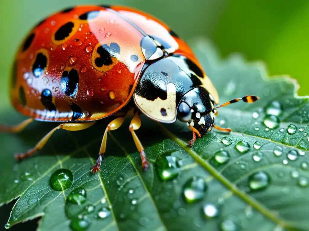 Una mariquita con gotas de agua en un vibrante verde