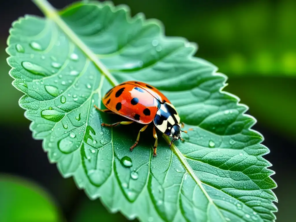 Una mariquita descansa en una hoja con gotas de agua, destacando su caparazón rojo y negro