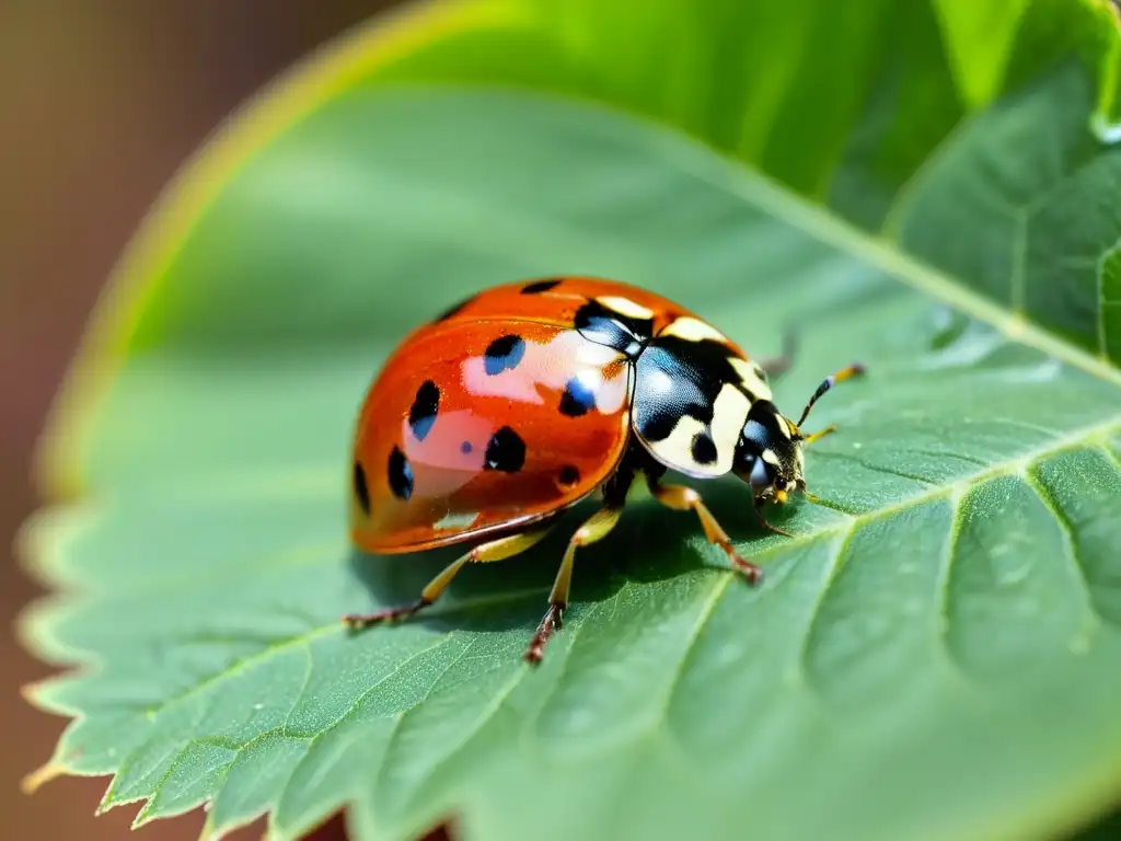 Una mariquita descansa en una hoja verde, sus alas rojas y puntos negros destacan