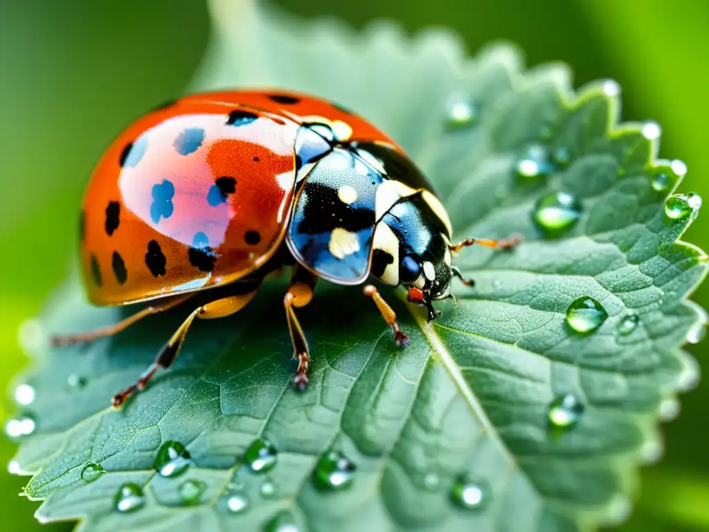 Una mariquita descansa en una hoja verde, sus alas desplegadas revelan un patrón rojo y negro