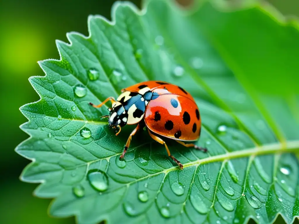 Una mariquita descansa en una hoja verde con rocío, mostrando la belleza natural