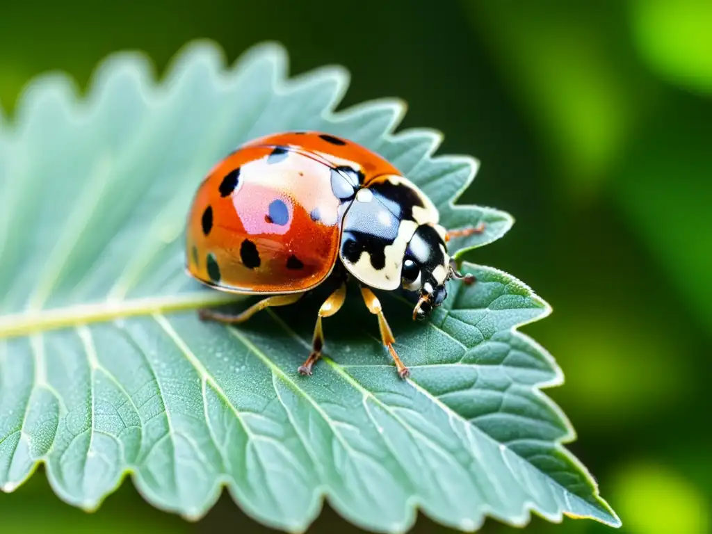 Una mariquita descansa en una hoja verde brillante, mientras la luz del sol crea un ambiente cálido