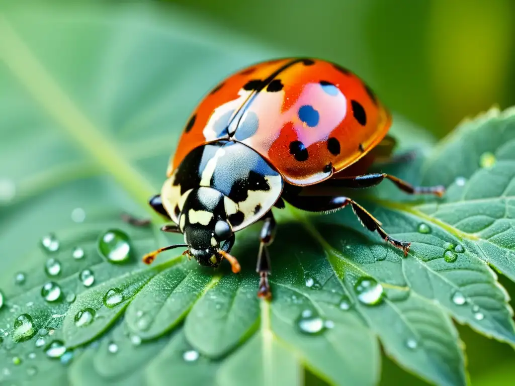 Una mariquita reposa sobre una hoja verde brillante, sus alas moteadas y patas delicadas se destacan