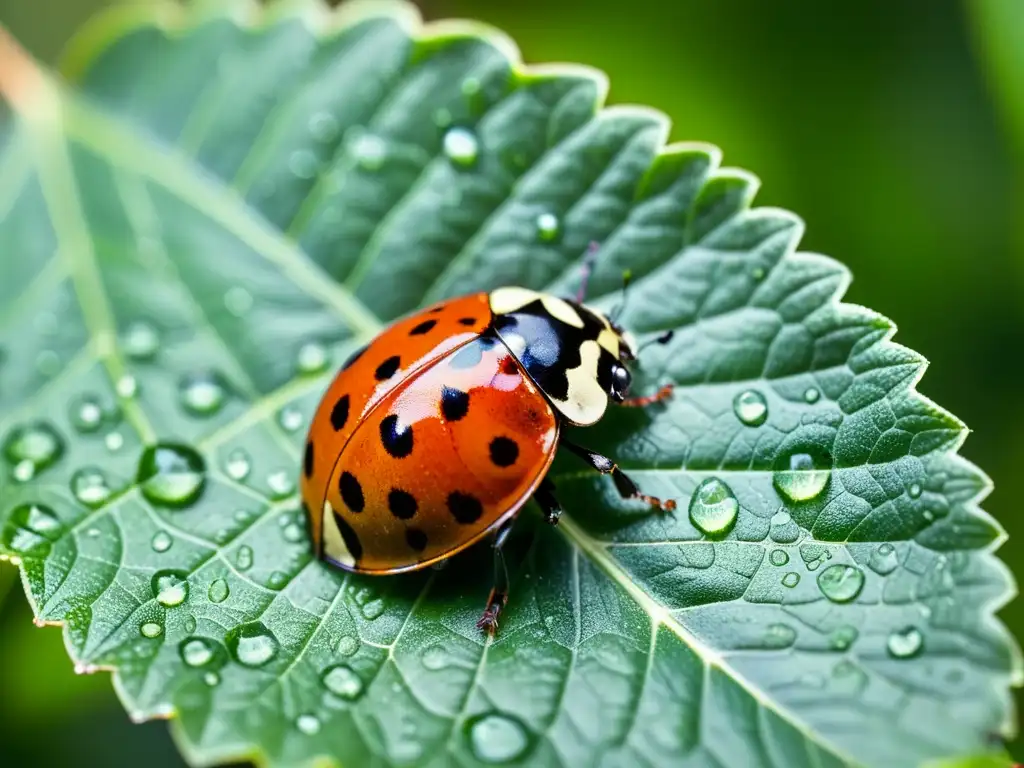 Una mariquita descansa sobre una hoja verde brillante con gotas de agua, evocando armonía y tranquilidad en un entorno orgánico