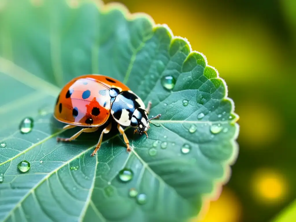 Una mariquita descansa delicadamente en una hoja verde brillante, con el sol iluminando sus alas translúcidas