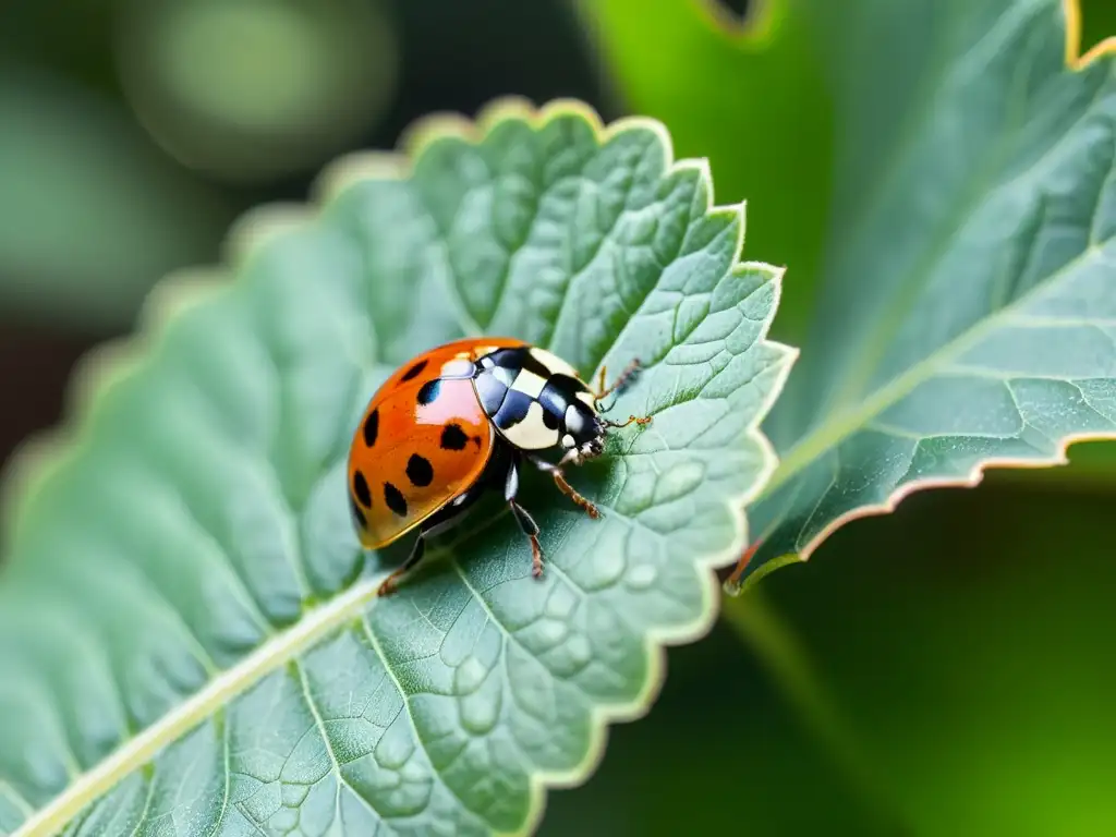 Una mariquita descansa en una hoja verde brillante, con sus alas y patas detalladas