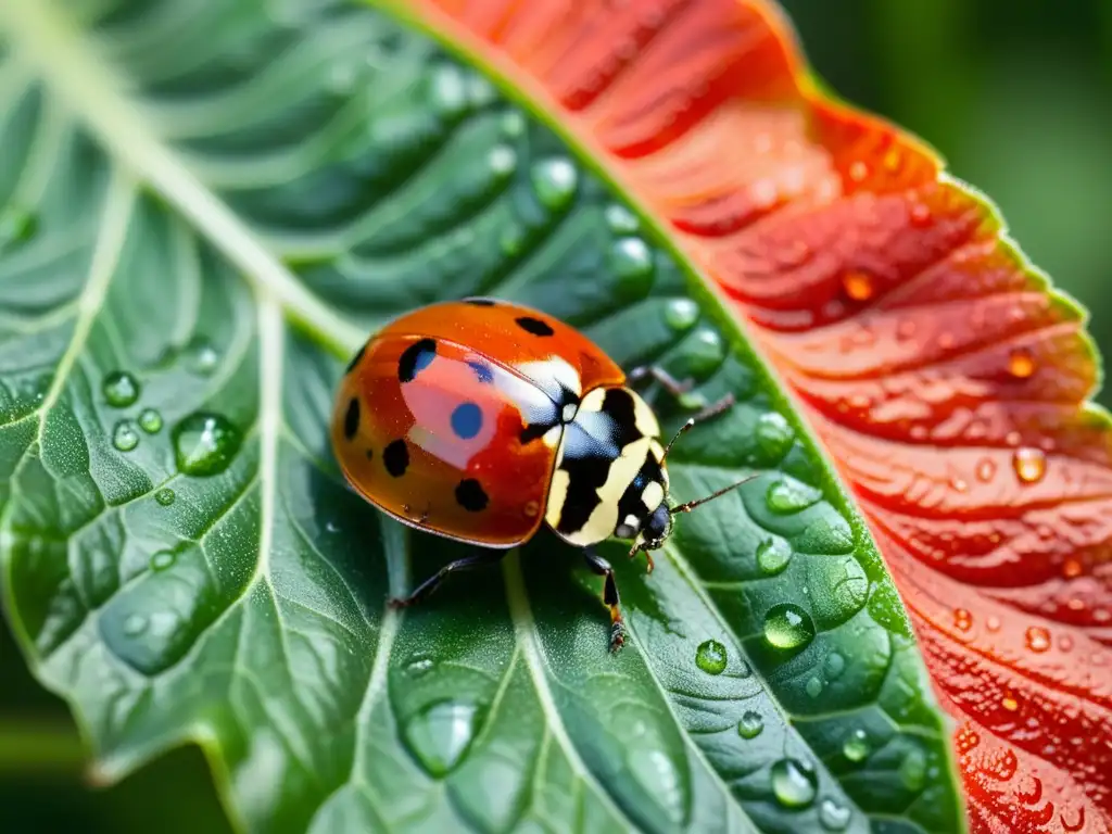 Una mariquita descansa en una hoja verde brillante con gotas de agua, creando un hermoso paisaje natural