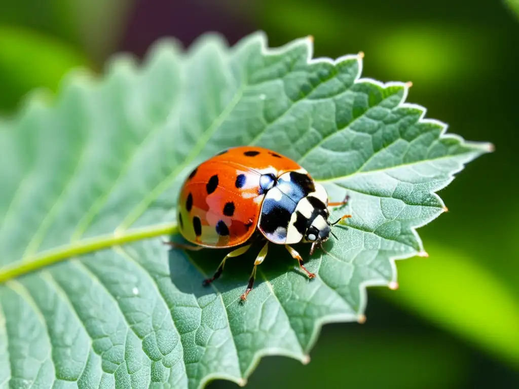 Una mariquita en una hoja verde brillante con un diseño detallado, iluminada por el sol