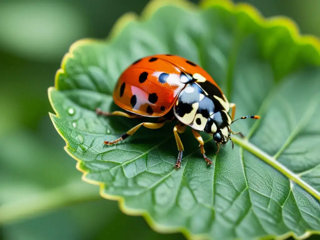 Una mariquita descansa en una hoja verde brillante, con sus alas rojas y negras detalladas