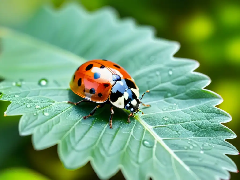 Una mariquita descansa sobre una hoja verde brillante, con sus alas translúcidas y puntos negros creando un patrón hipnótico