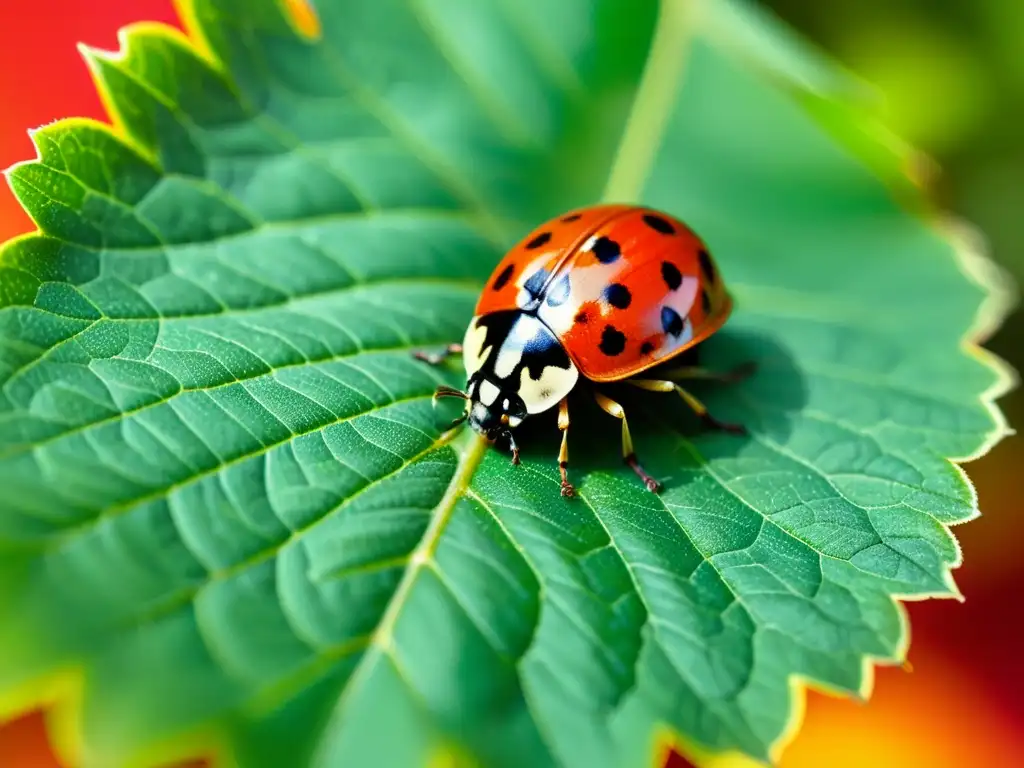 Una mariquita descansa sobre una hoja verde brillante, destacando el control natural de plagas en alternativas ecológicas