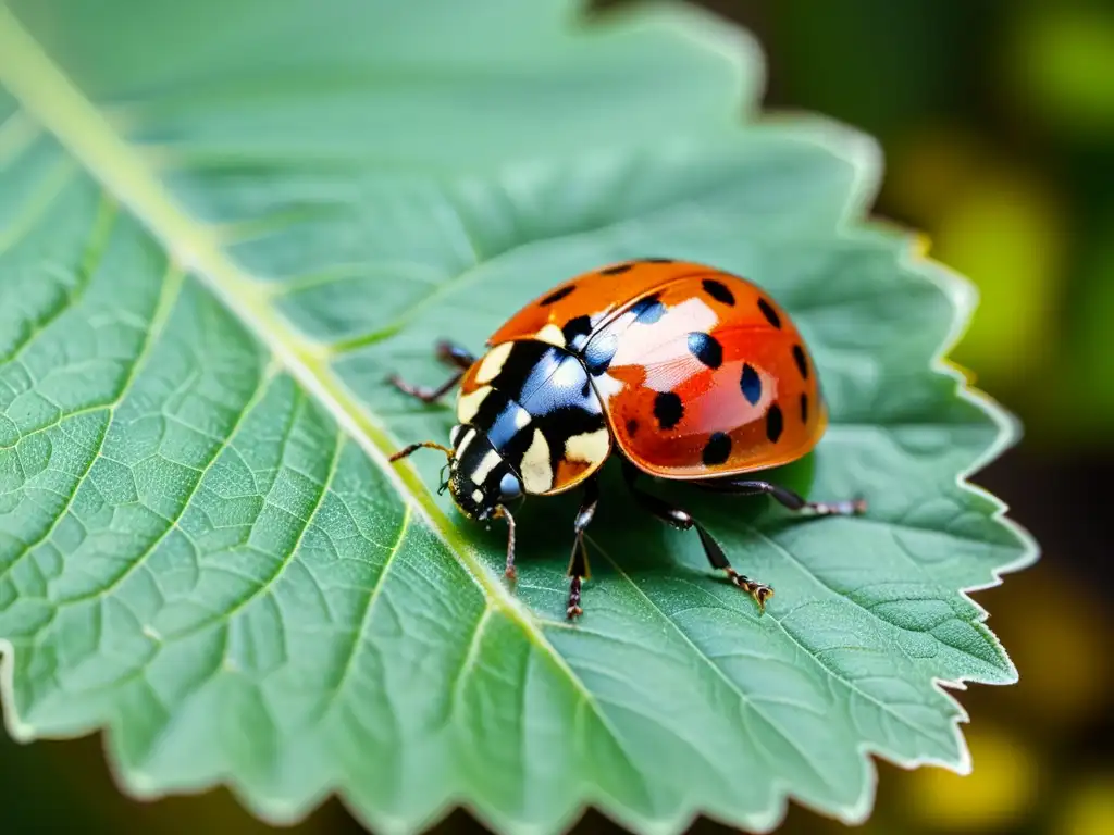 Una mariquita descansando en una hoja verde brillante, bajo la luz natural