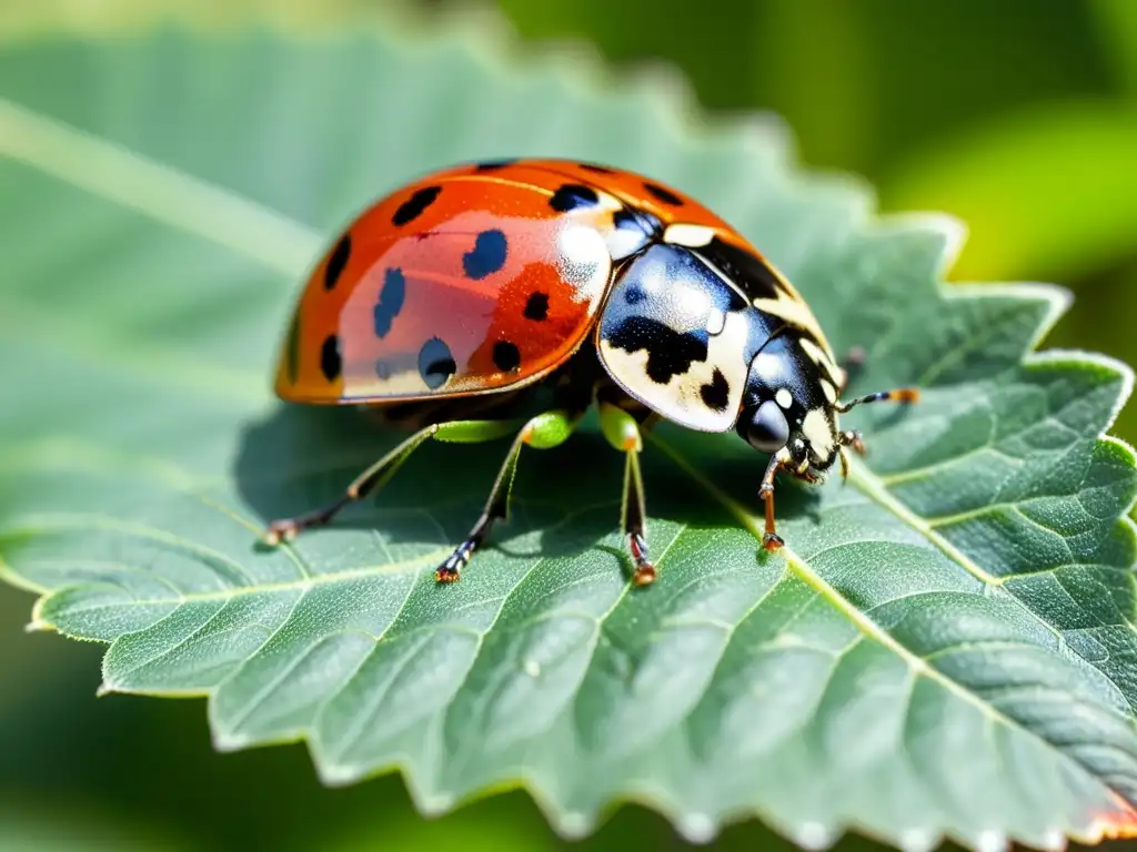 Una mariquita en una hoja verde, mostrando su caparazón rojo y negro, con luz natural filtrada