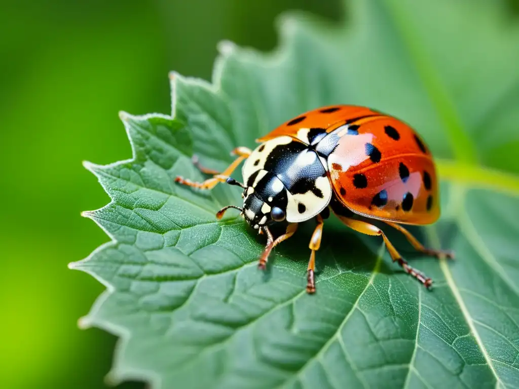 Una mariquita descansa en una hoja verde, con su caparazón rojo y negro en detalle