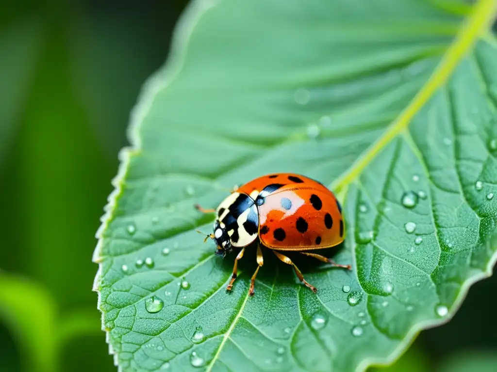 Una mariquita en una hoja verde muestra el control de plagas orgánico innovador, con sus alas rojas y negras desplegadas