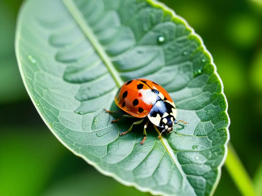 Una mariquita descansa en una hoja verde, mostrando sus detalles y patrones, en una composición serena y minimalista