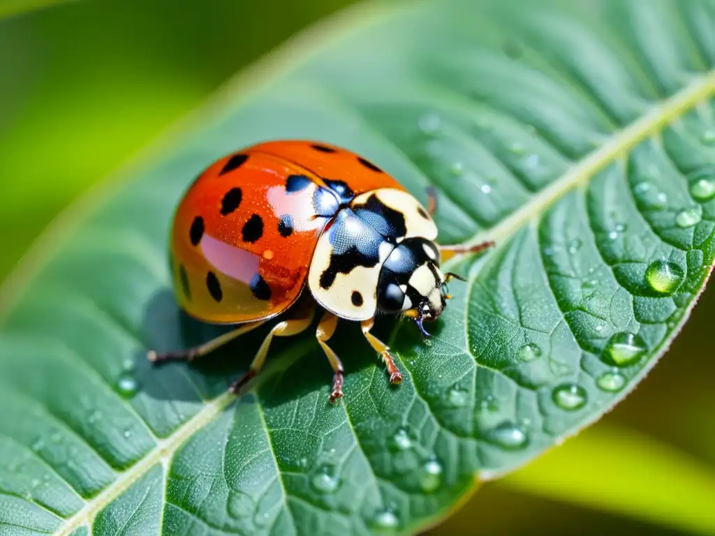 Una mariquita descansa sobre una hoja verde, sus detalles detallados a la luz del sol