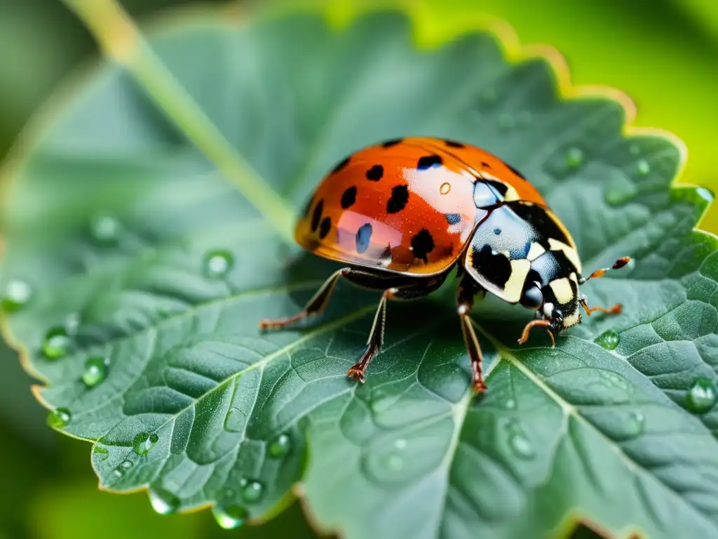 Una mariquita descansa en una hoja verde, con sus detalles vívidos y delicados visibles