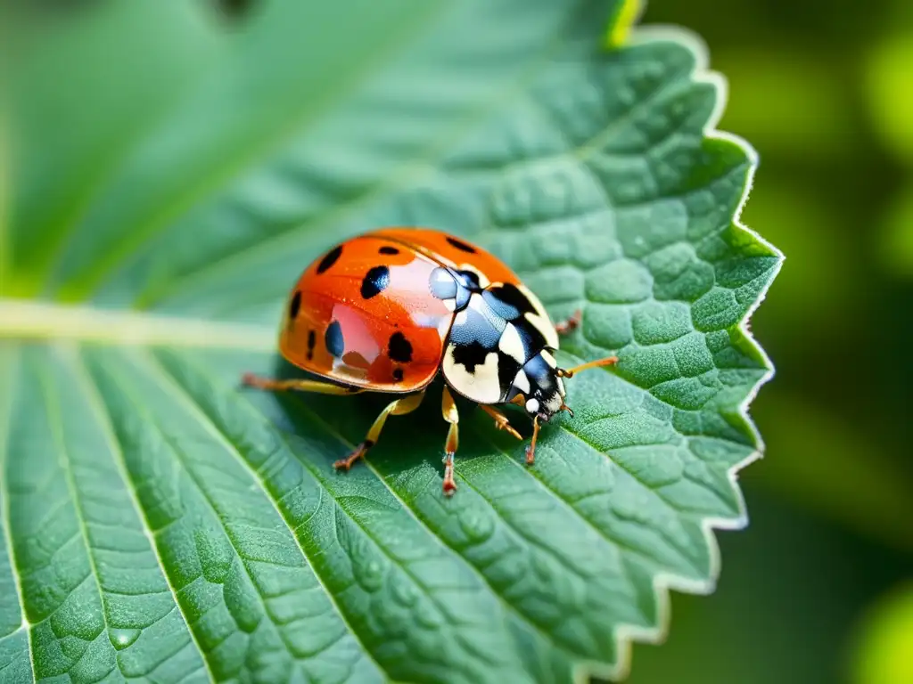 Una mariquita descansa sobre una hoja verde, destacando sus detalles y alas rojas, en un entorno sereno