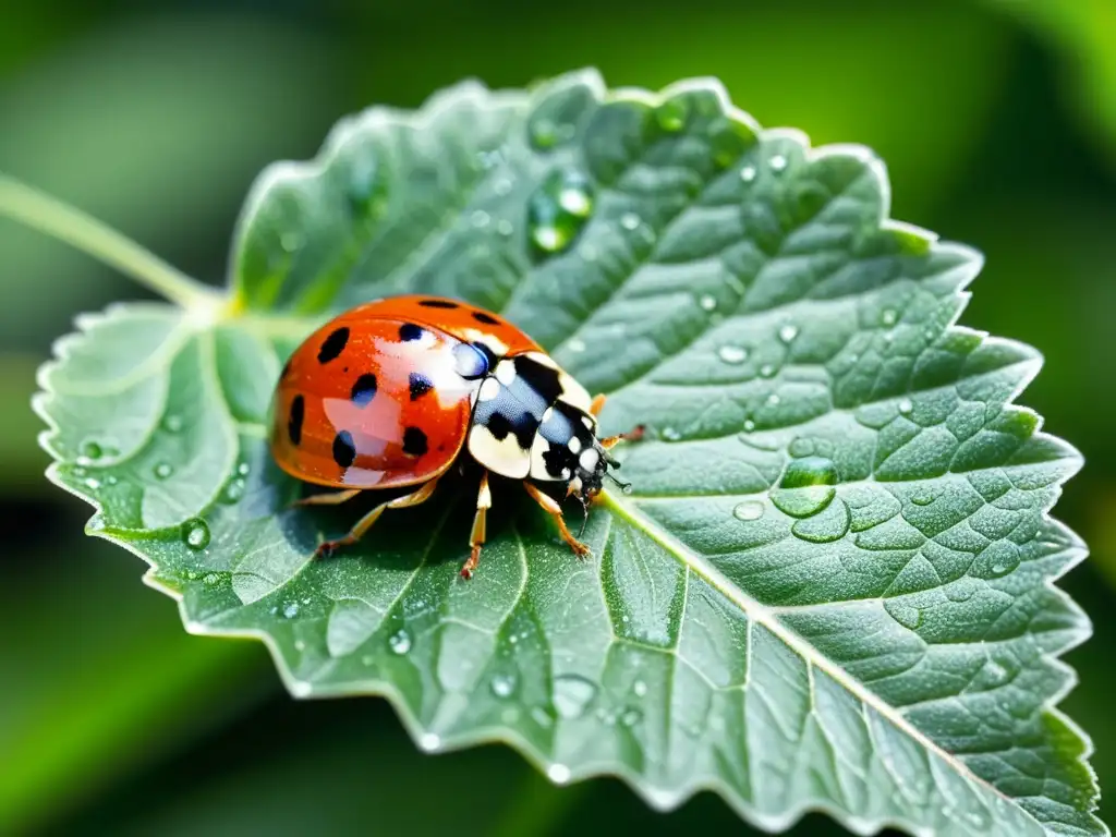 Una mariquita descansa sobre una hoja verde con rocío, en un escenario natural