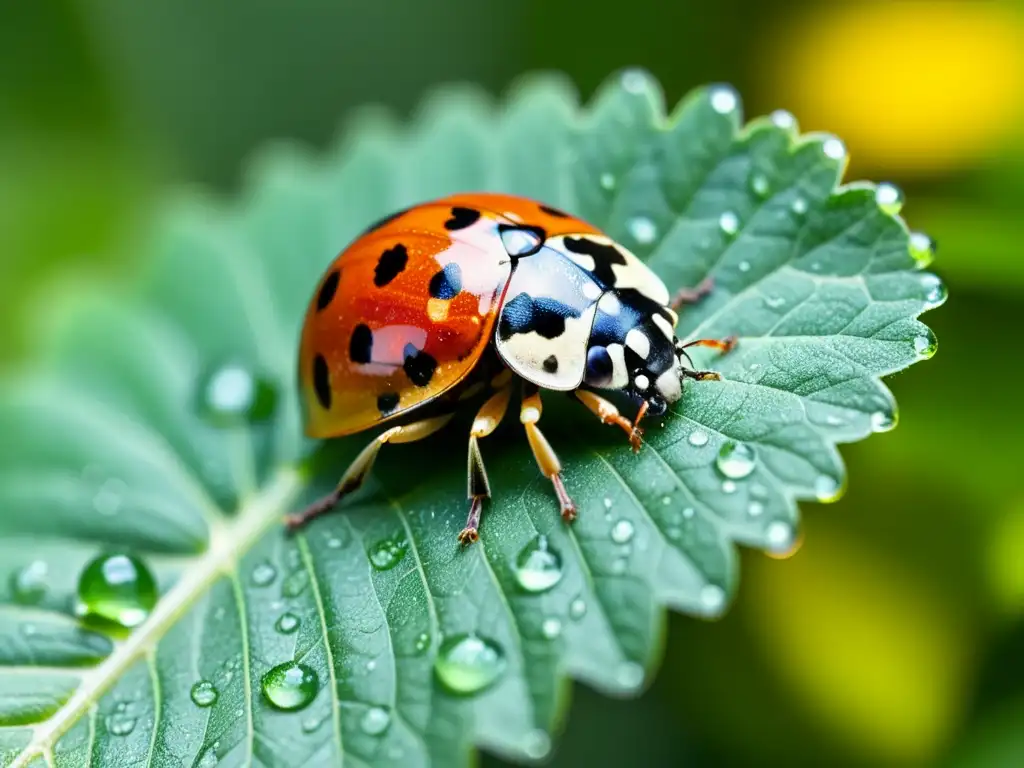 Una mariquita descansando en una hoja verde con gotas de agua, reflejando el manejo de plagas orgánico ecológico