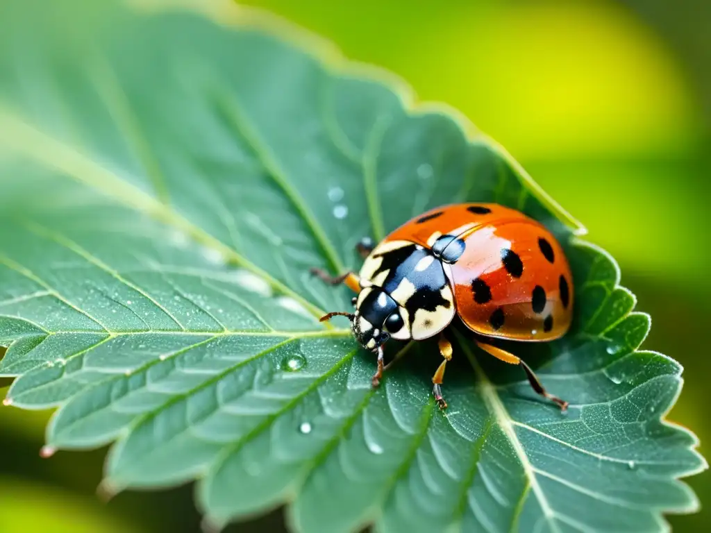 Una mariquita en una hoja verde con gotas de agua, mostrando el control biológico de plagas en cultivos orgánicos