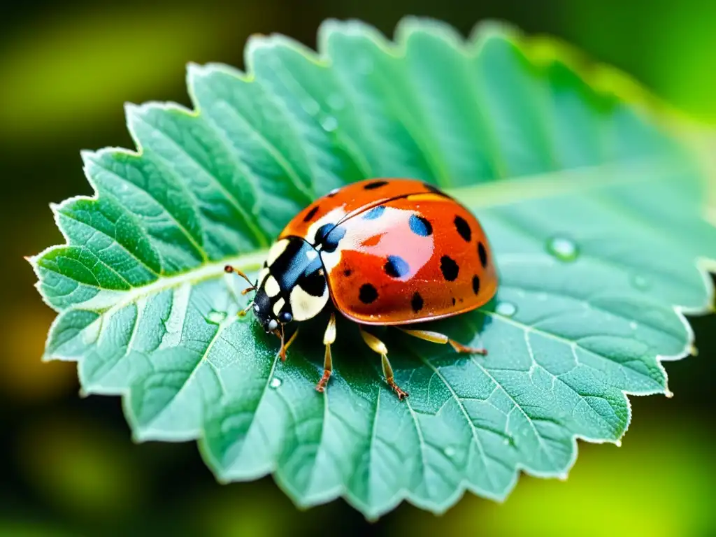 Una mariquita reposando en una hoja verde con gotas de agua, detallando su caparazón rojo y negro