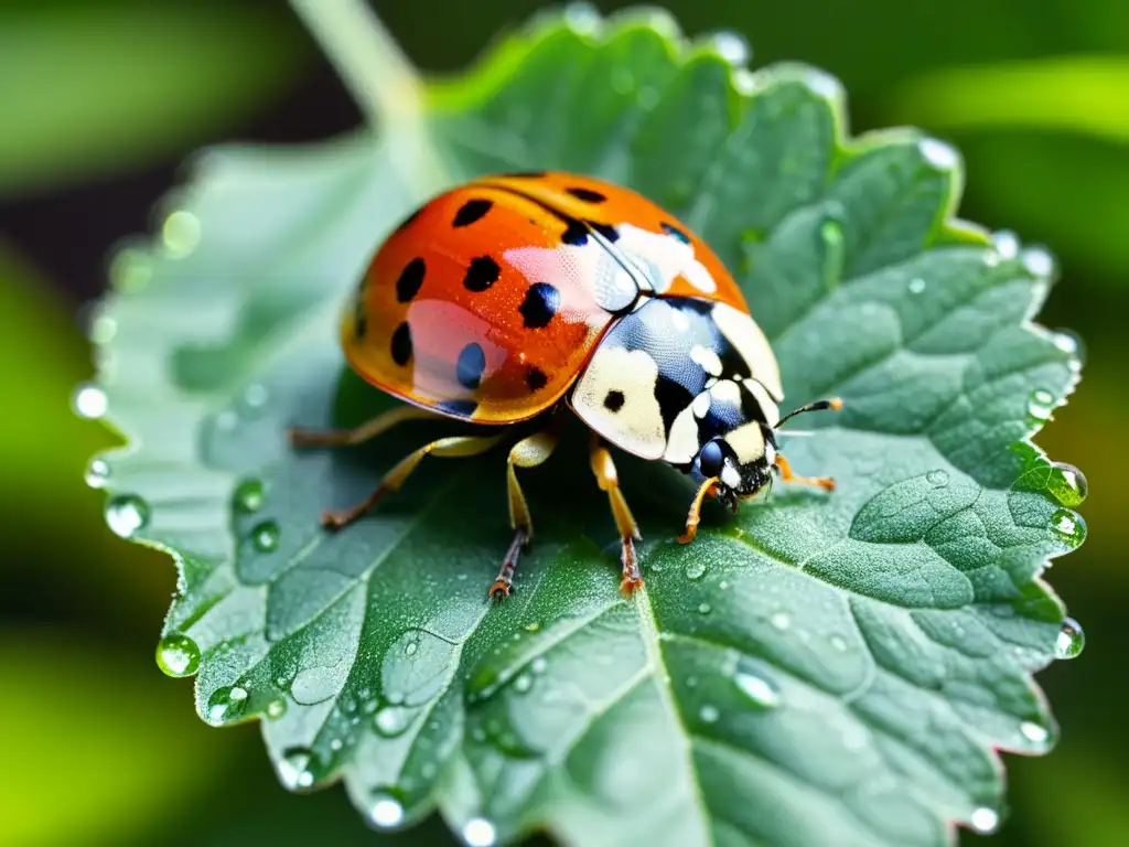 Una mariquita descansa en una hoja verde con gotas de rocío, transmitiendo la belleza de los insectos beneficiosos en granjas orgánicas