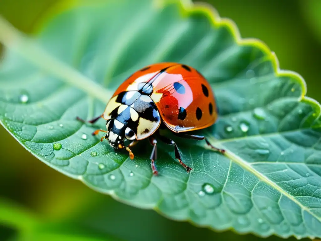 Una mariquita descansando en una hoja verde, con gotas de agua, crea una composición serena